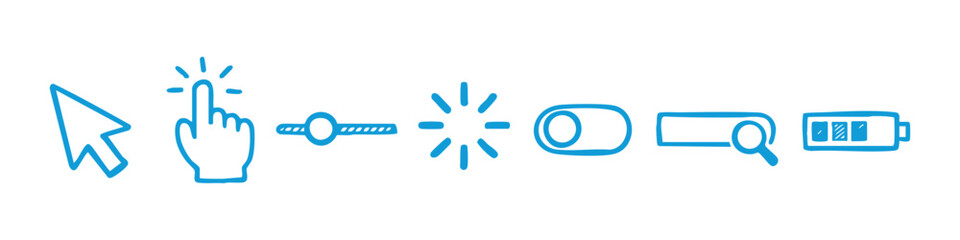 Obraz premium Hand-drawn set of UI icons including cursor, click hand, slider, loading, toggle, search bar, and battery. Minimalist doodle style on white.