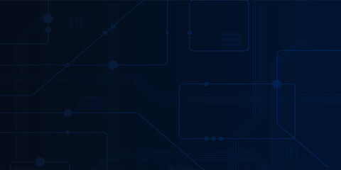 Abstract dark blue technology background featuring white circuit-like lines and geometric pathways.