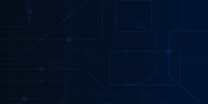 Abstract dark blue technology background featuring white circuit-like lines and geometric pathways.