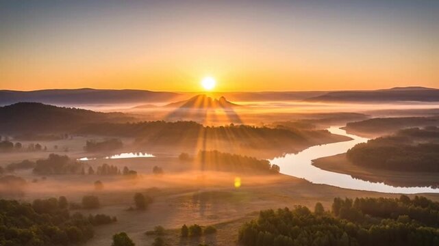 Breathtaking sunrise over misty river valley with sunbeams