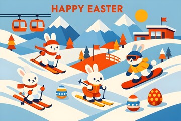 Fototapeta premium greeting card design of easter bunny skiing at mountain with bauhaus style