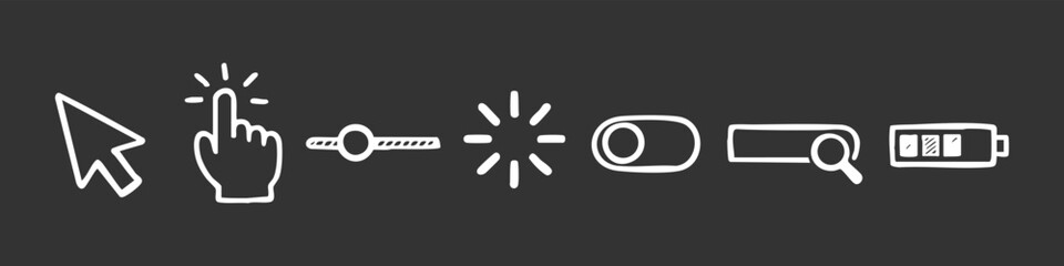 Fototapeta premium Set of hand-drawn white UI icons on a black background, featuring cursor, click, slider, loading, toggle, search, and battery symbols.