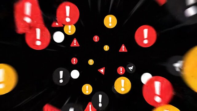Animated warning icons explosion with exclamation marks and triangles on black background