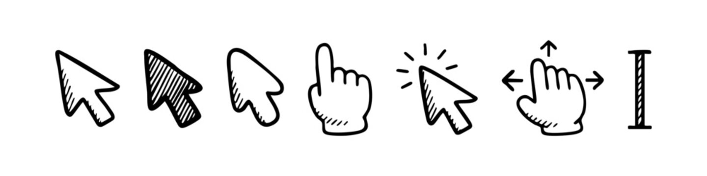 Hand-drawn mouse cursor icon set with arrow pointers, hand click, move tool, and text selector in a black, blue, light blue and white doodle style.