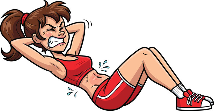Woman Doing Crunches Exercise in Red Outfit Flat Design Vector Illustration