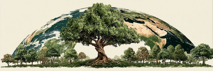 A tree stands tall with lush green leaves shaped like the Earth. It represents environmental protection and the effort to raise awareness on Earth Day for a better world