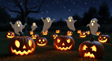 Glowing Jack-o'-Lanterns Under a Starry Night Sky with Floating Ghost Figures, Creating a Festive and Eerie Atmosphere in an Outdoor Setting for the Autumn Season