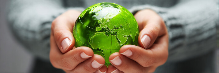 Hands support a green globe representing Earth, highlighting the importance of taking care of the planet during Earth Day activities and events around the world