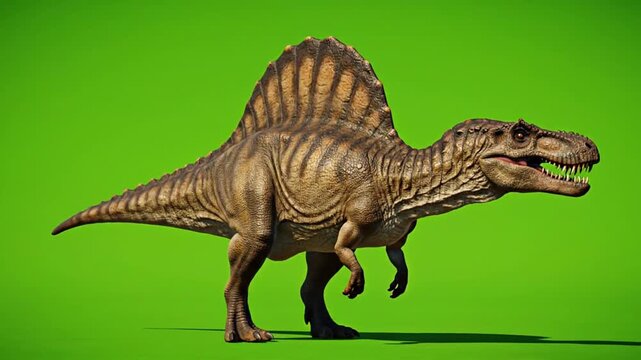 A 3D rendered dinosaur model standing on a greenscreen for video production, featuring dinosaurs in a greenscreen environment