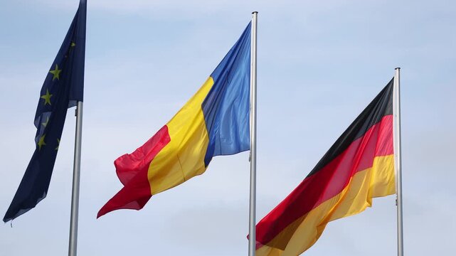 European Union, Romania and Germany flags are seen during political heads of state meeting