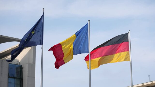 European Union, Romania and Germany flags are seen during political heads of state meeting