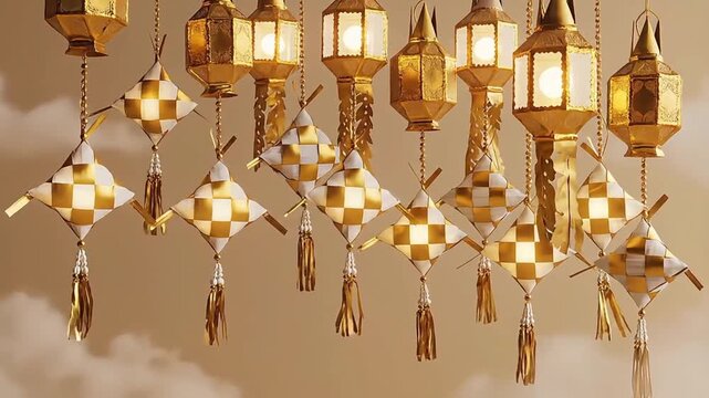 Golden lanterns hanging in the air with checkered patterns and tassels.