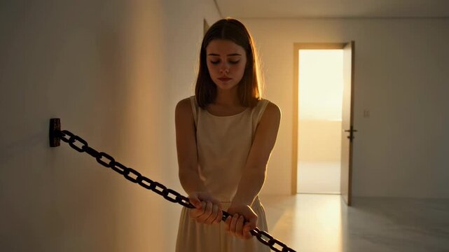 Young woman holding heavy chain attached to a wall, suggesting constraint and struggle in a contemplative sequence.