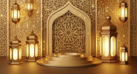 Elegant Ramadan Islamic Golden Stage with Lanterns and Arch.