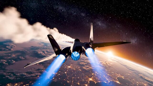 Hypersonic Passenger Jet at Edge of Atmosphere with Shock Diamonds and Earth Curvature at Sunset