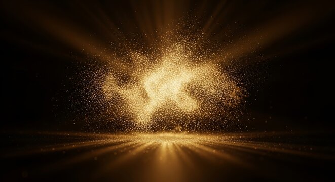 A dramatic explosion of golden shimmering dust and radiant light beams emerging from a reflective floor in a dark space.