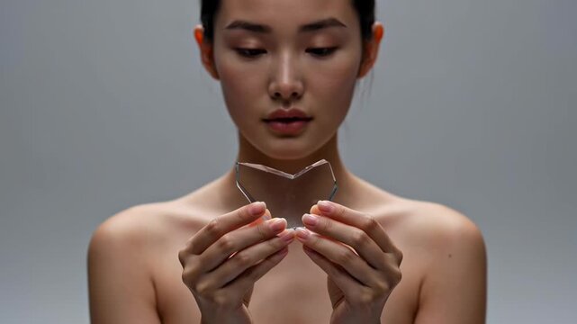 Asian woman holding broken glass butterfly pieces representing fragility, transformation, and self-reflection on a gray background.