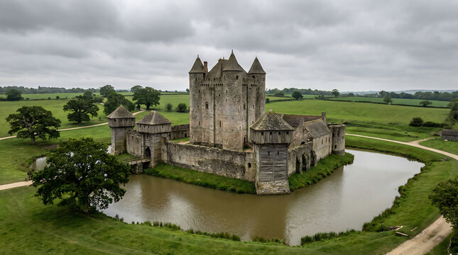 Magnificent medieval stone castle with towering turrets surrounded by a protective moat under a cloudy sky.