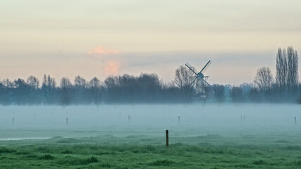 Misty meadow with bare willow and poplar trees and windmill under a colourful cloudy sky in Oude Kalevallei nature reserve, Vinderhoute, Belgium 
