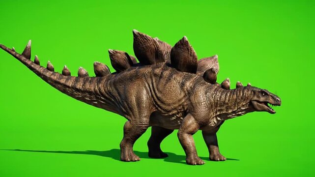 A 3D stegosaurus dinosaur model on a greenscreen background for video compositing and dinosaurs visual effects