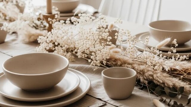 Elegant rustic table setting with neutral ceramic dinnerware and dried florals for cozy gatherings