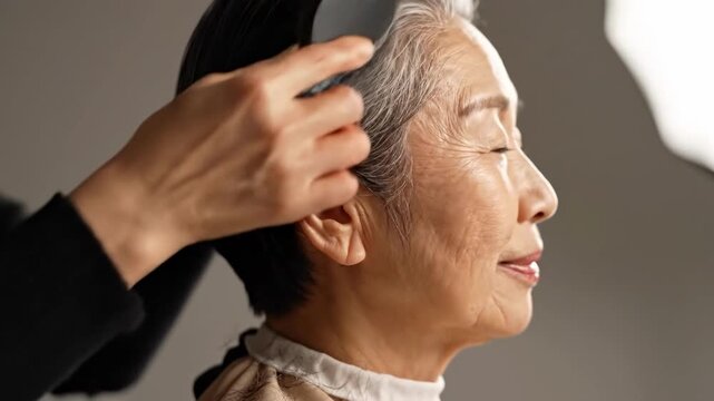An elderly woman with short gray hair smiles softly, evoking a sense of wisdom and contentment perfect for lifestyle or emotional imagery.