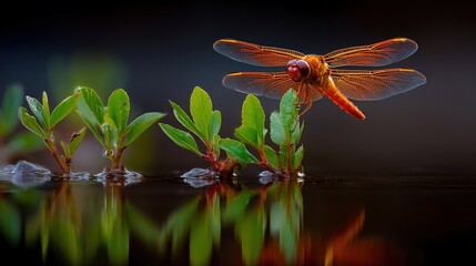 Naklejka premium Vivid orange insect perches above reflective dark water surface near emergent green foliage