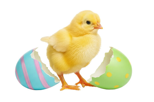 A small yellow chicklet hatched from a painted Easter egg, isolated on a transparent background. A symbol of Easter and spring.