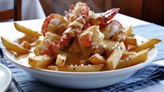 Delicious lobster poutine with melted cheese and fresh seafood in a white bowl