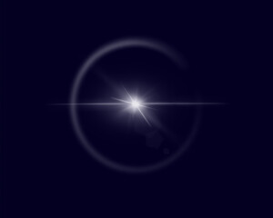 Obraz premium Isolated ring of light with a bright flash, atmospheric optical phenomenon halo from the sun or moon on a black-blue background. Vector illustration. 