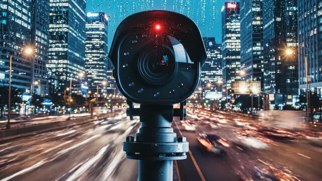 Security camera overlooking rainy urban street at night. Surveillance system capturing traffic motion in modern cityscape. Digital monitoring technology concept for public safety.