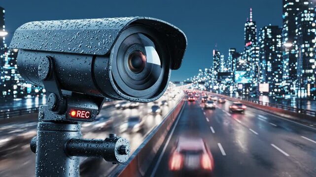 Security camera recording rainy nighttime city traffic. Surveillance view of urban highway with moving vehicles and skyline lights. Digital monitoring technology concept.