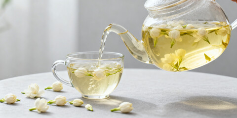 Pouring jasmine herbal tea into a glass teacup