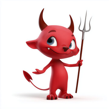 Niedlicher roter Teufel als 3D-Cartoon mit Dreizack, frech l&auml;chelnd vor wei&szlig;em Hintergrund. Humorvolle Illustration f&uuml;r Spa&szlig;, Fantasy, Comic, Charakterdesign und Kreativprojekte.