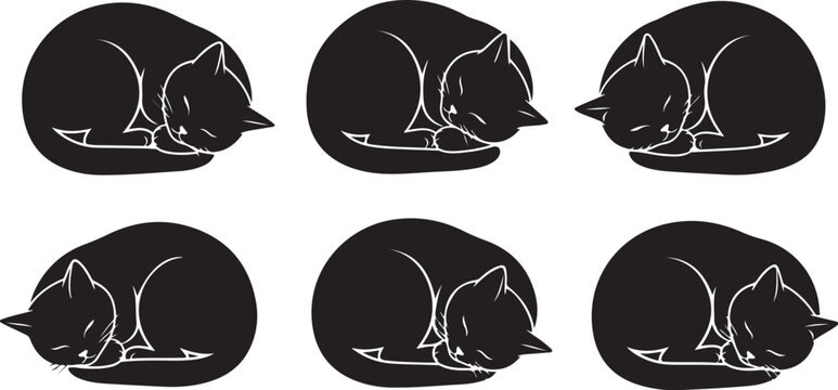 Black and white cat silhouettes in various sleeping positions