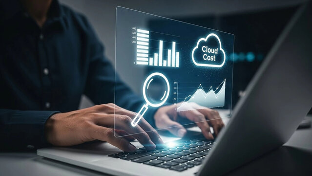 Enterprise Cloud Cost Analysis and FinOps Management: Professional monitoring cloud spending and optimizing IT resources through digital dashboards for financial efficiency.