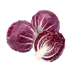 Fototapeta premium Closeup product photography of cut radicchio heads showcasing vibrant purple layers on a white studio backdrop