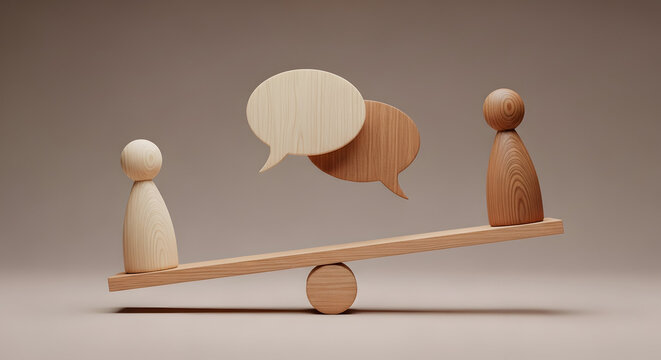 Two wooden figures on a seesaw balancing conversation bubbles symbolizing conflict resolution and fair debate