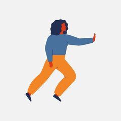 Fototapeta premium black woman pushing smth forward with one hand. Determined girl resisting, protecting with power, strength, effort, energy. Resistance, business challenge concept. vector illustration
