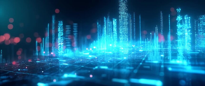 Futuristic digital cityscape with glowing data streams rising dynamically, as the camera smoothly pans across the scene, creating a cinematic tech-inspired ambiance with ambient light motion.