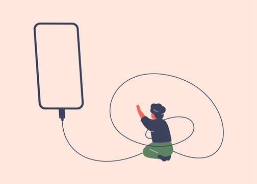 digital addiction. boy tied by phone charging cord reaches for mobile. child needs for an internet detox. overload by information for kids. vector illustration