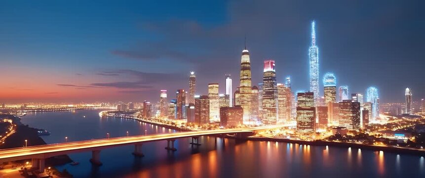 Aerial cinematic view of a futuristic city skyline at dusk, as city lights twinkle and reflect on the river, with a slow pan capturing the vibrant urban landscape and tranquil water.