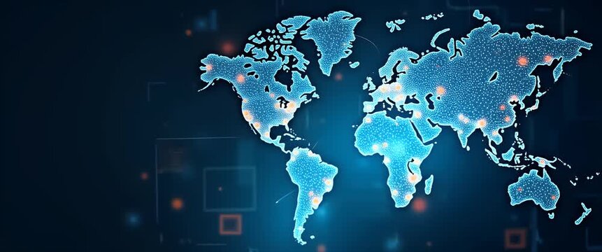 Futuristic digital world map with glowing data points, ambient lights flicker gently as the camera slowly pans across, creating a cinematic global network visualization.