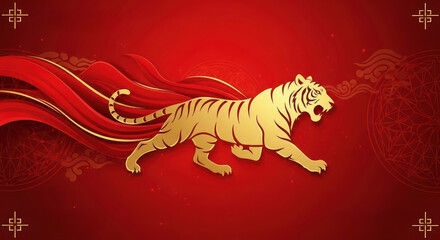 Stylized golden big cat silhouette moves dynamically against a rich red celebratory background with flowing ribbons