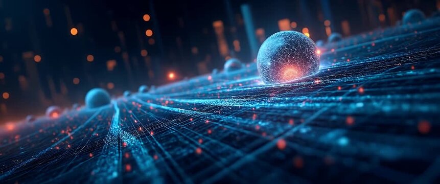 Futuristic sphere glides along a neon grid, glowing particles drift gently, camera pans slowly in a cinematic style, creating a mesmerizing digital technology landscape.