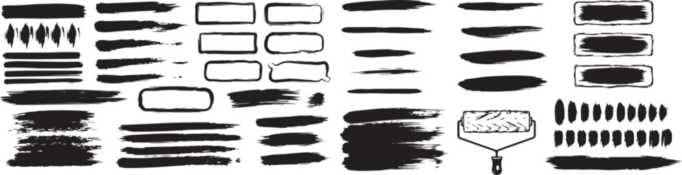 Straight line vector brush strokes set, black hand drawn stripes and smears, rough grunge paint roller lines and sketchy rectangle textbox frames, vector illustration.eps