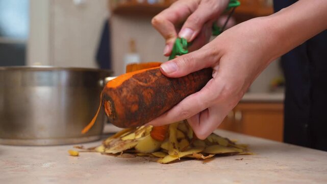 Female hands using vegetable peeler to peel fresh organic carrots on kitchen counter while preparing ingredients for healthy dish on background of pile peel