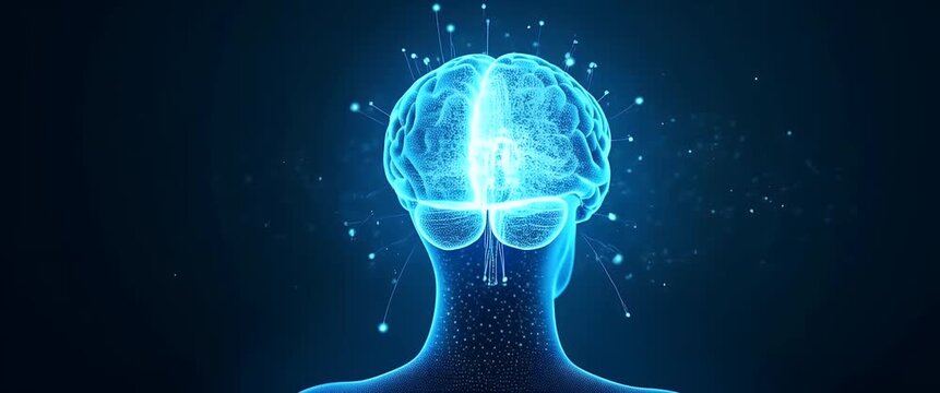 A digital brain emits glowing particles, slowly rotating as the camera pans across a futuristic, blue-hued space, conveying innovation and technology in a cinematic style.