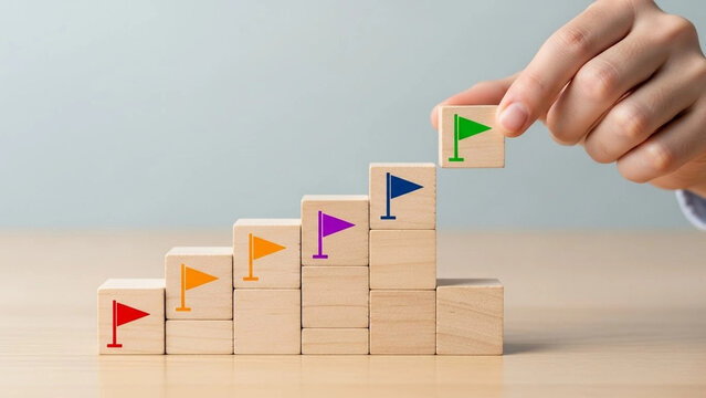 Business Goals and Career Planning Concept: Hands stacking wooden blocks with colorful flags into a staircase shape, symbolizing milestones and progress towards success.