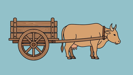 Traditional Farm Ox Pulling a Wooden Cart Illustration on Blue Background